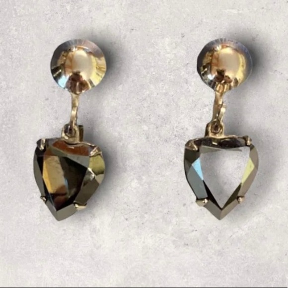 Sterling 925 Heart Shape Hematite Gemstone Screw Back Earrings Vintage Titan - Picture 1 of 3